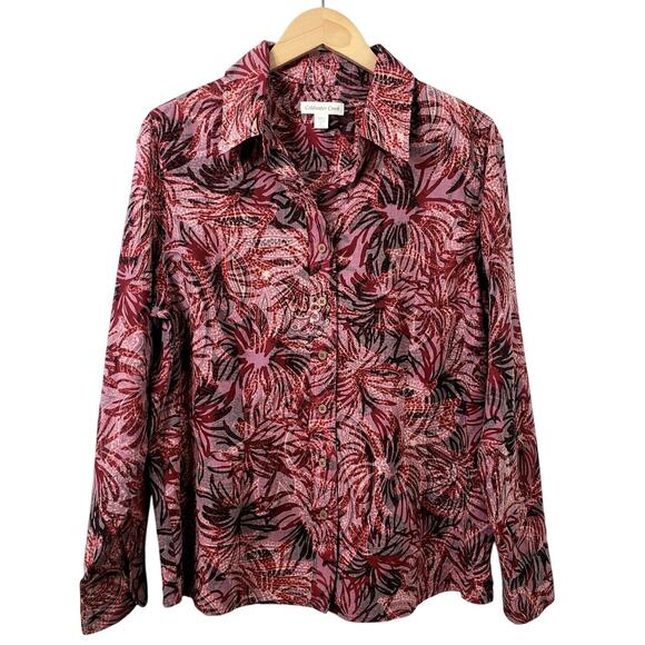 Coldwater Creek Shirt Blouse L Red Sheer Burnout Career Fall Autumn Classic - Picture 8 of 8